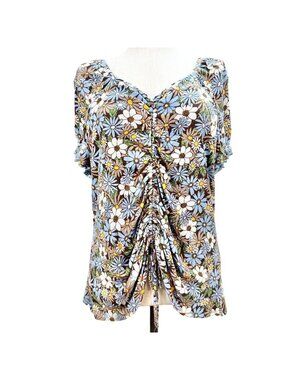 Cato Est 1946 Top Womens Size 22/24 Floral Ruched Blue White Brown SS Stretchy